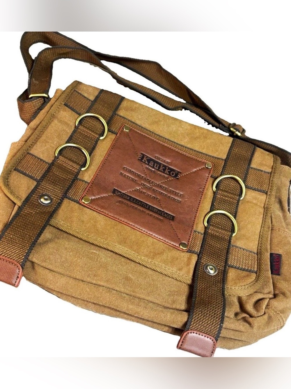 KAUKKO Khaki Messenger Bag Crossbody Adjustable Strap Zip Snap Pockets Lined